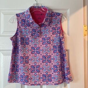 Pink, blue & white cotton knit sleeveless golf shirt by Caribbean Joe.